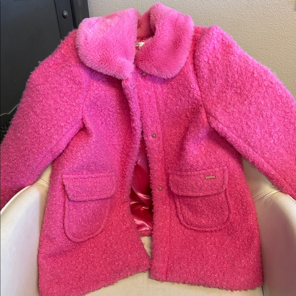 Tahari Girls' Hot Pink Bouclé Pea Coat with Plush Collar